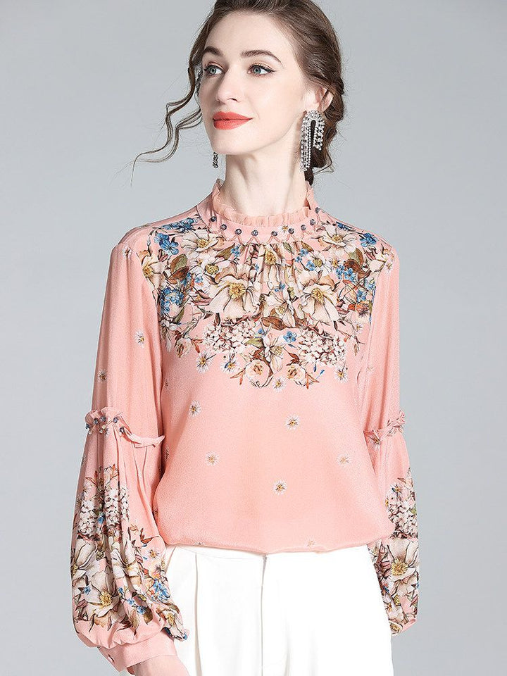 Vintage Blush Rose Floral High-Neck Beaded Lantern Sleeve Silk Blouse