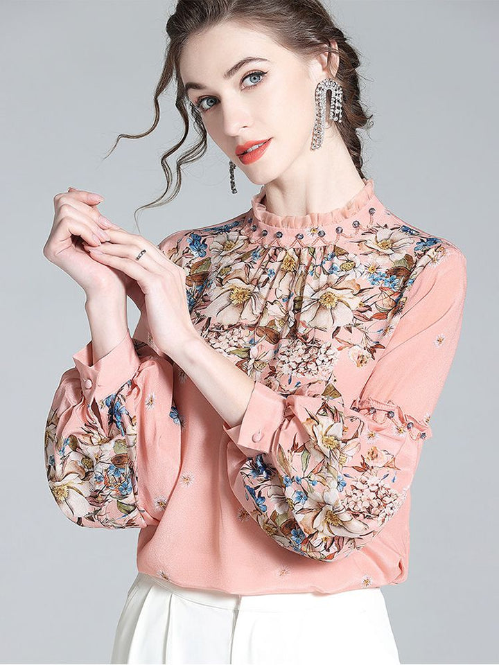 Vintage Blush Rose Floral High-Neck Beaded Lantern Sleeve Silk Blouse