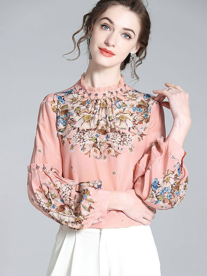 Vintage Blush Rose Floral High-Neck Beaded Lantern Sleeve Silk Blouse