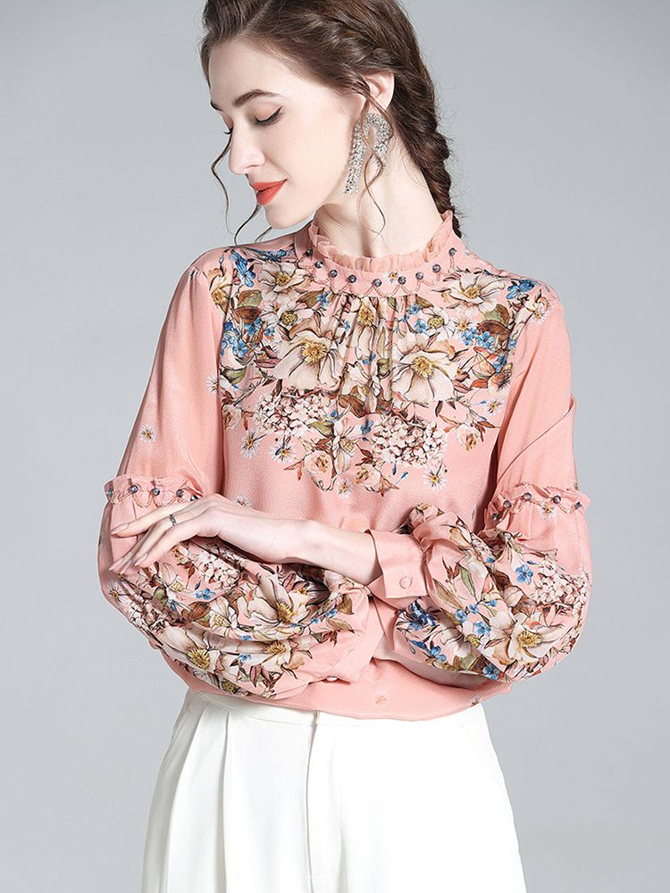 Vintage Blush Rose Floral High-Neck Beaded Lantern Sleeve Silk Blouse