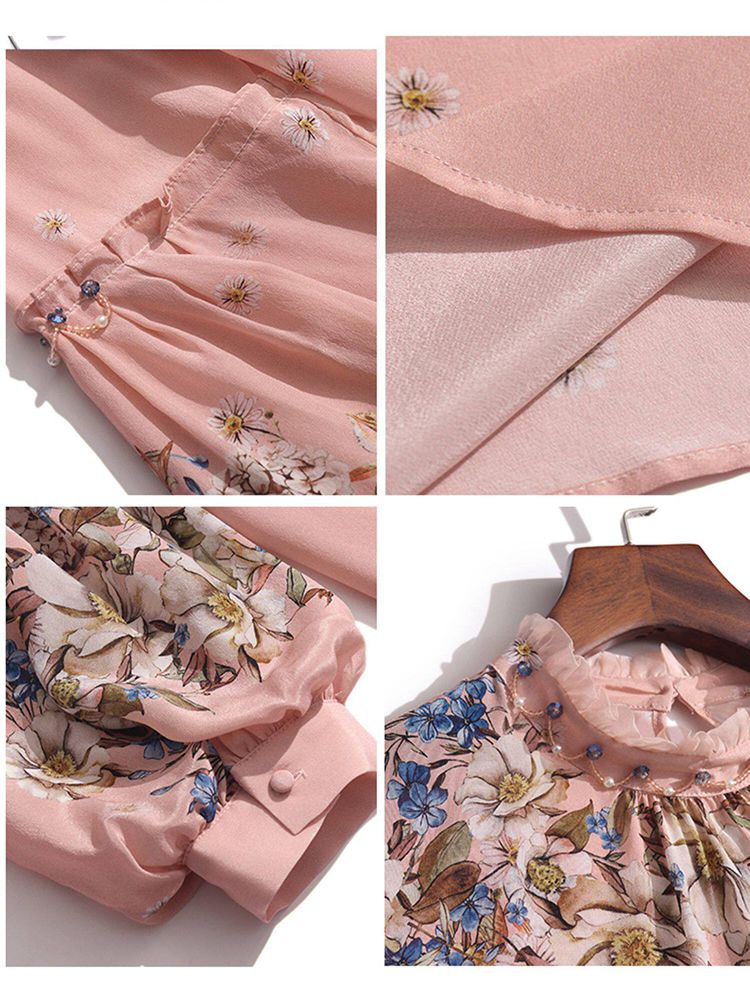 Vintage Blush Rose Floral High-Neck Beaded Lantern Sleeve Silk Blouse