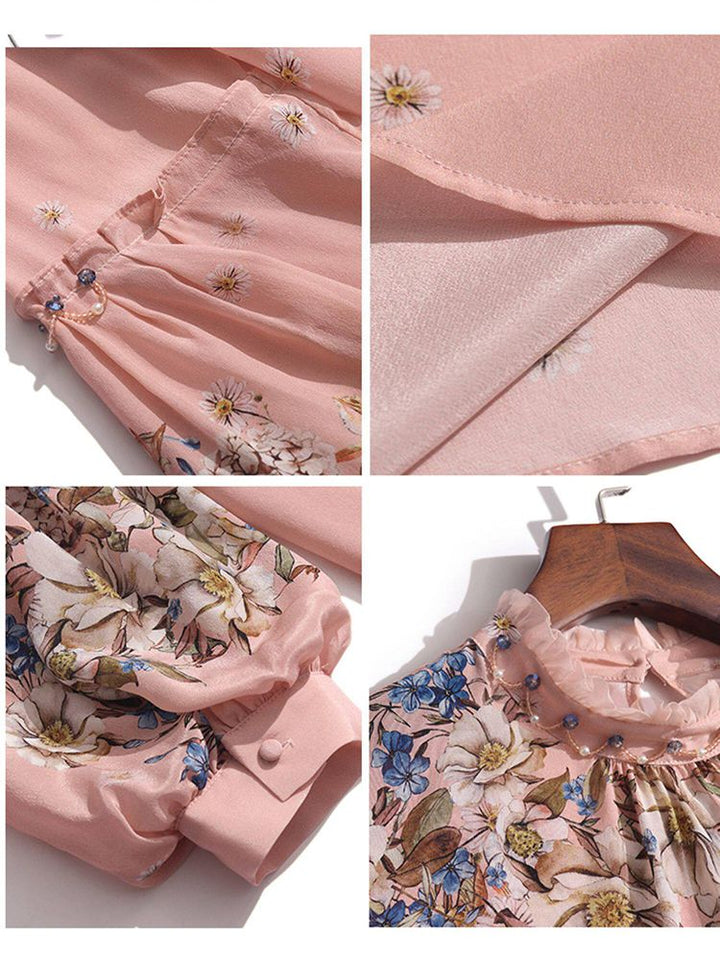 Vintage Blush Rose Floral High-Neck Beaded Lantern Sleeve Silk Blouse