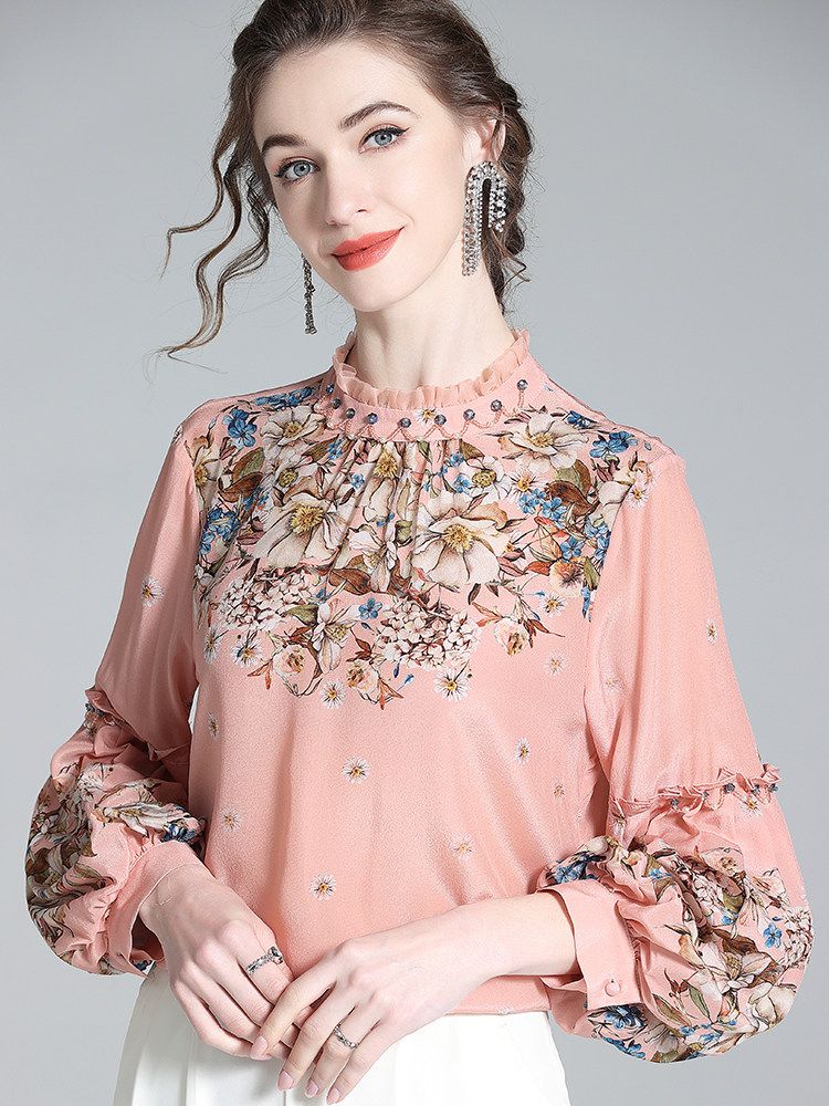Vintage Blush Rose Floral High-Neck Beaded Lantern Sleeve Silk Blouse