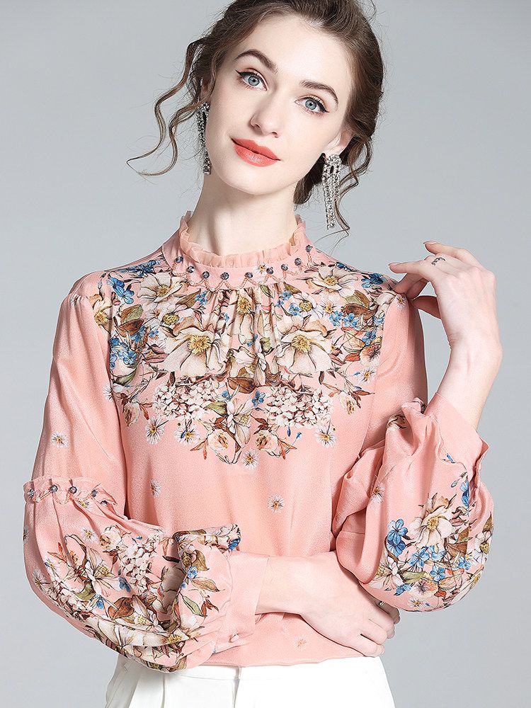 Vintage Blush Rose Floral High-Neck Beaded Lantern Sleeve Silk Blouse