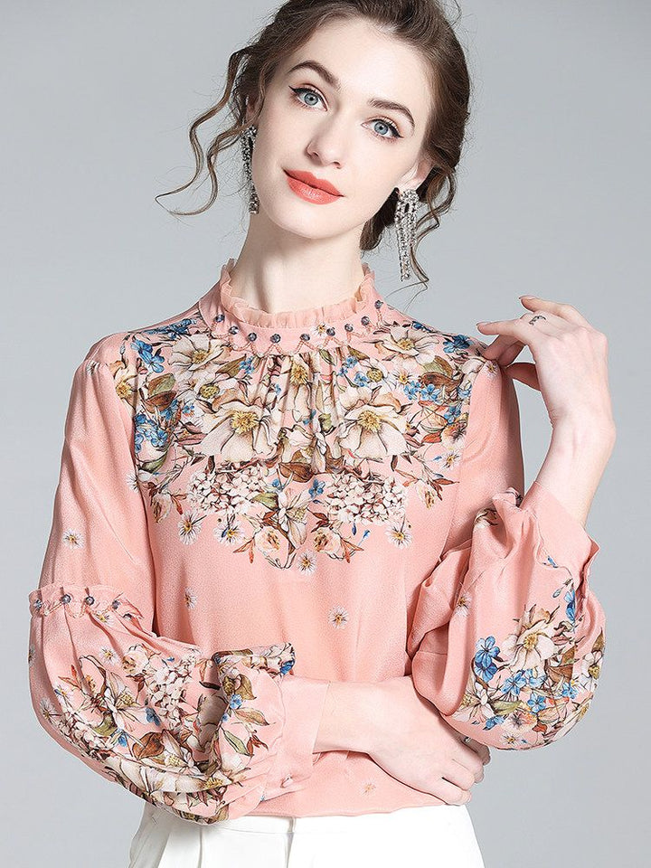 Vintage Blush Rose Floral High-Neck Beaded Lantern Sleeve Silk Blouse