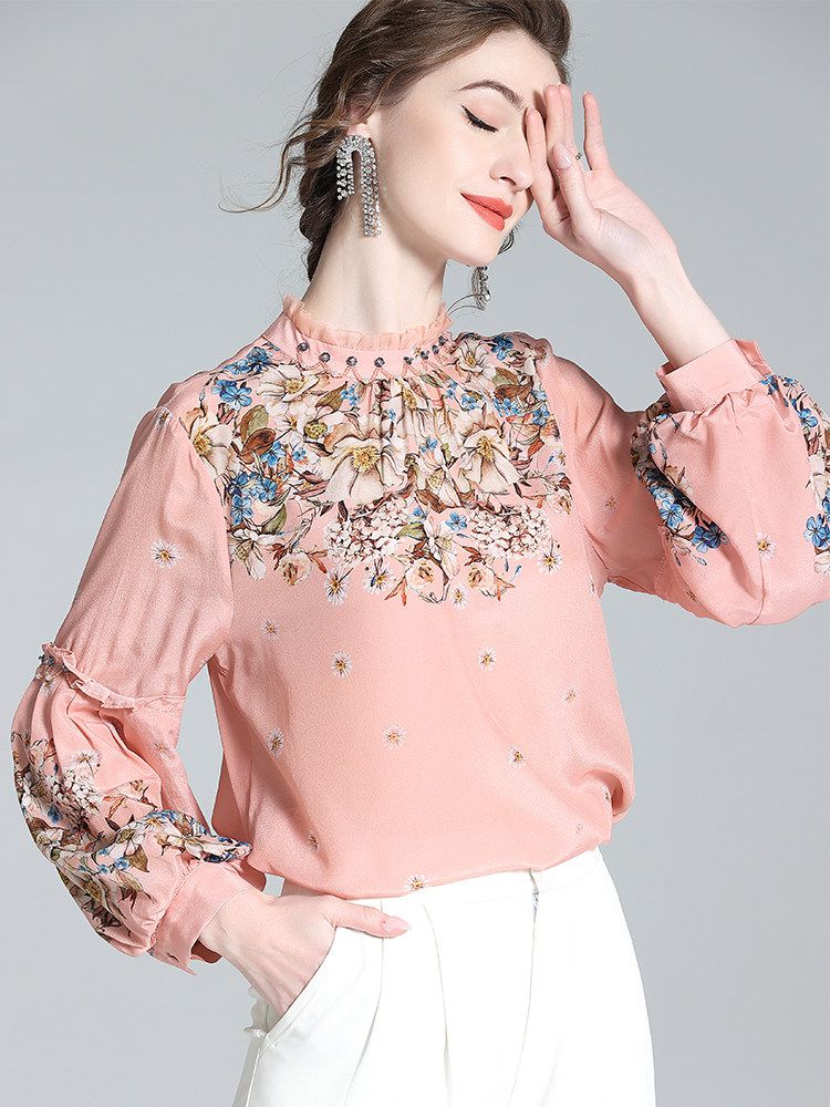 Vintage Blush Rose Floral High-Neck Beaded Lantern Sleeve Silk Blouse