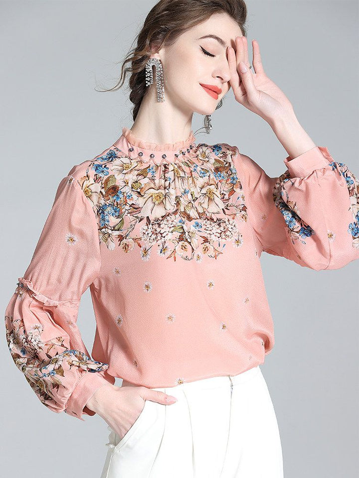 Vintage Blush Rose Floral High-Neck Beaded Lantern Sleeve Silk Blouse