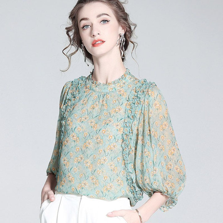 Light Green Floral Ruffle Mock Neck Lantern Sleeve Silk Blouse