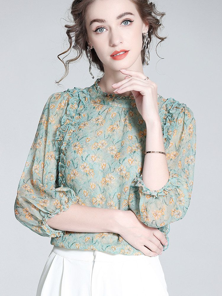 Light Green Floral Ruffle Mock Neck Lantern Sleeve Silk Blouse
