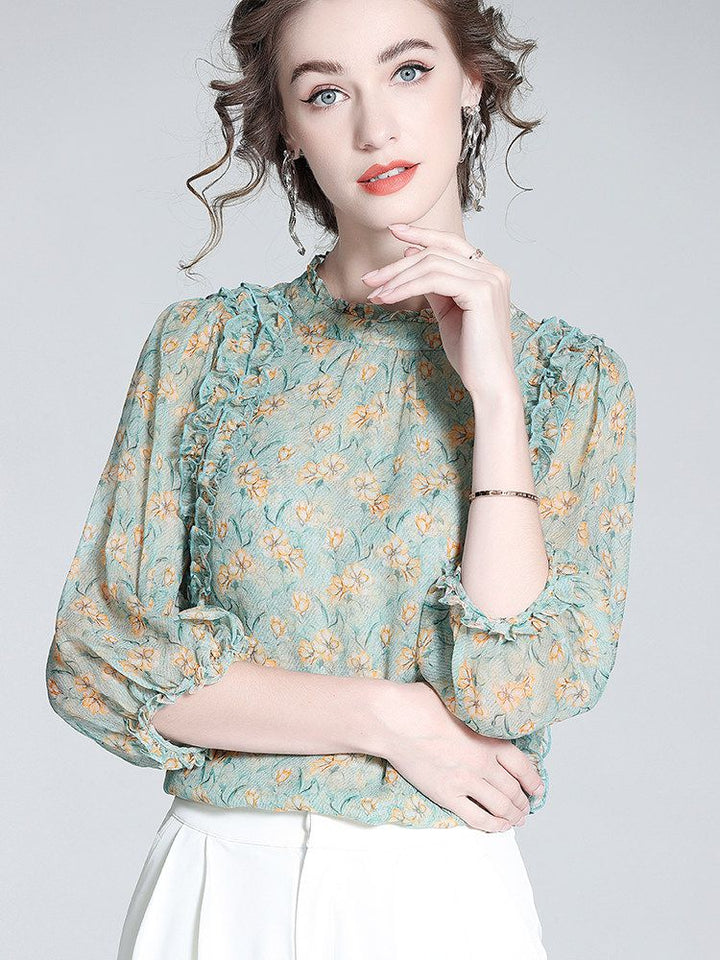 Light Green Floral Ruffle Mock Neck Lantern Sleeve Silk Blouse