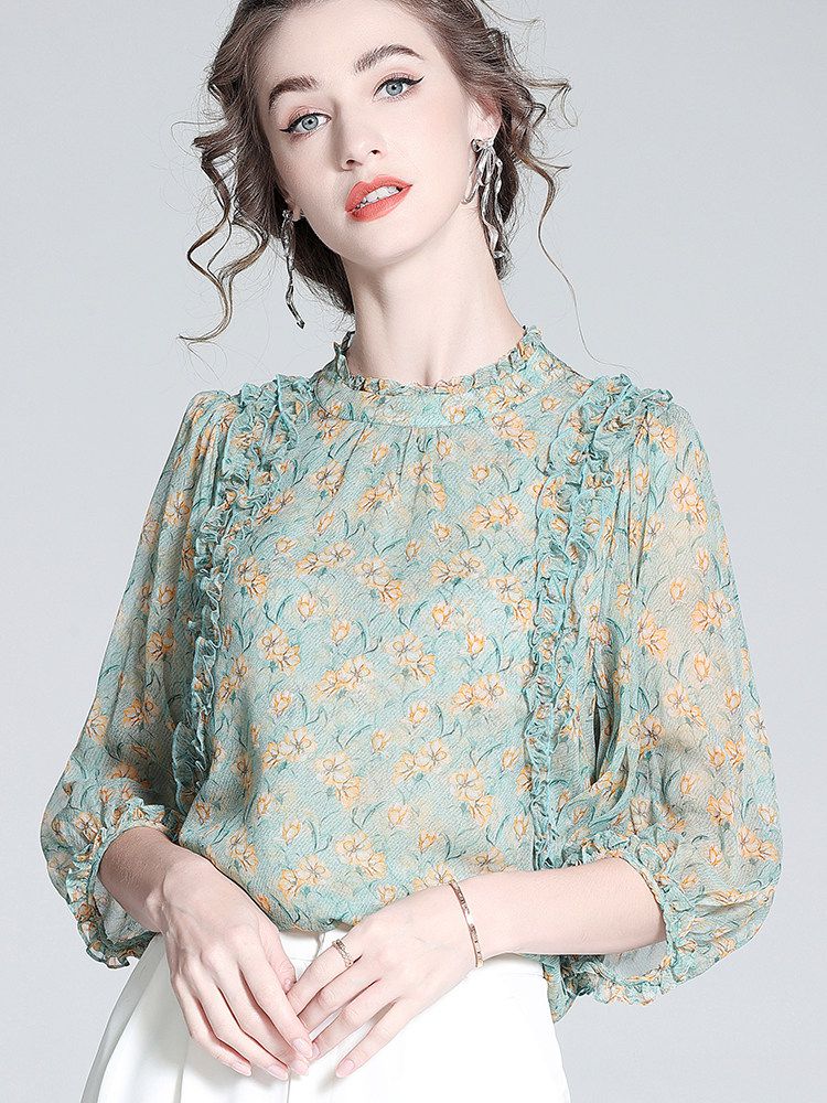 Light Green Floral Ruffle Mock Neck Lantern Sleeve Silk Blouse