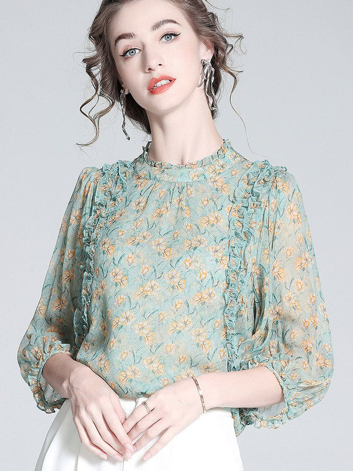 Light Green Floral Ruffle Mock Neck Lantern Sleeve Silk Blouse