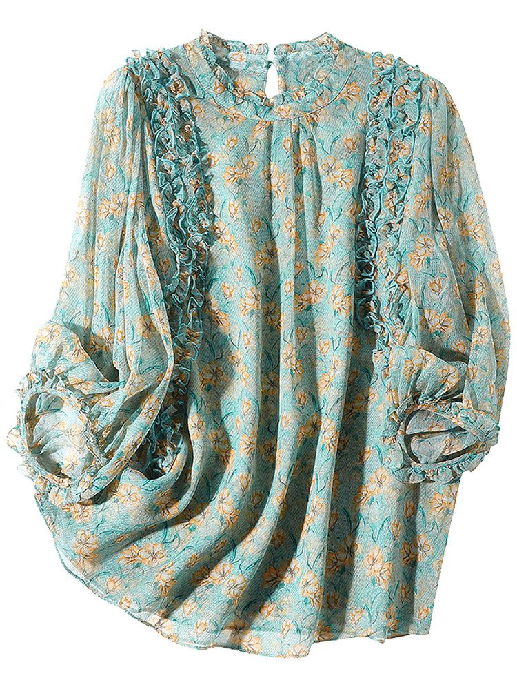 Light Green Floral Ruffle Mock Neck Lantern Sleeve Silk Blouse