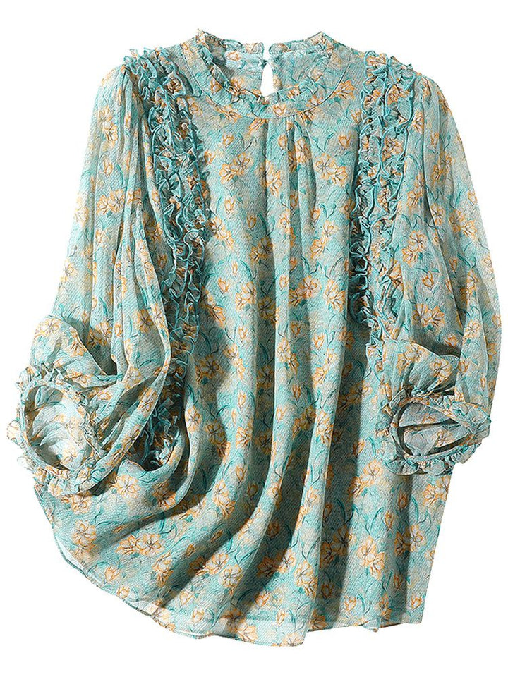 Light Green Floral Ruffle Mock Neck Lantern Sleeve Silk Blouse