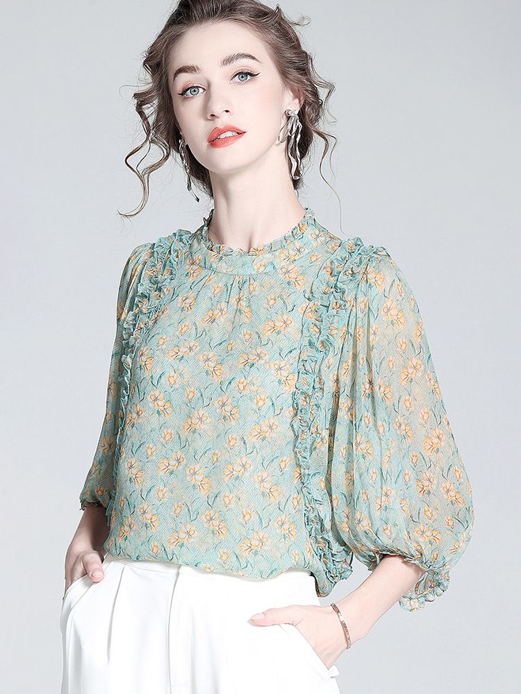 Light Green Floral Ruffle Mock Neck Lantern Sleeve Silk Blouse