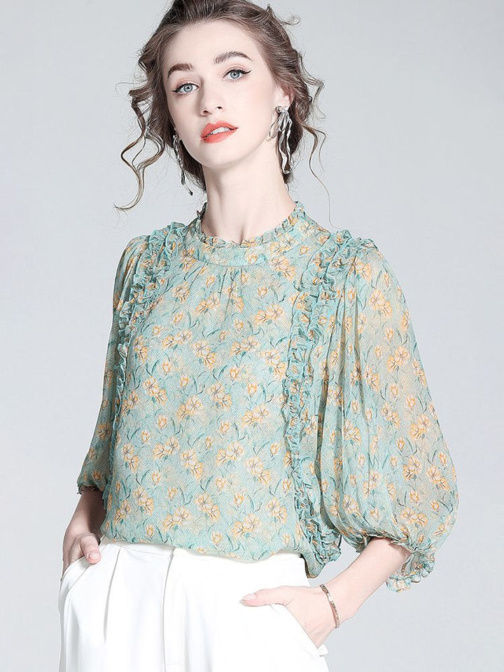 Light Green Floral Ruffle Mock Neck Lantern Sleeve Silk Blouse