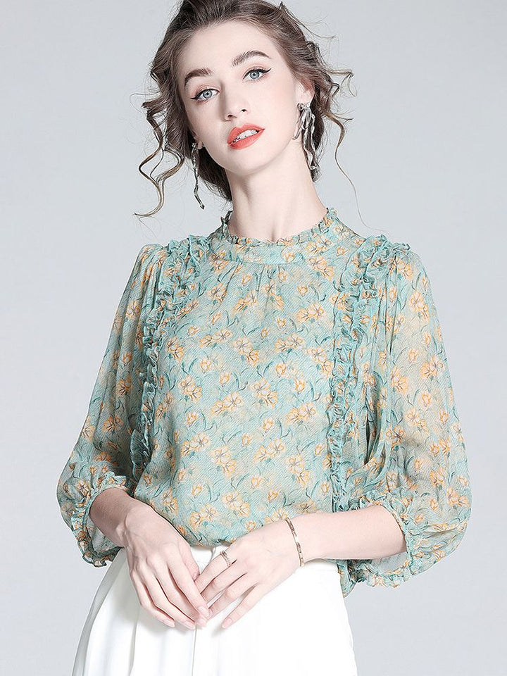 Light Green Floral Ruffle Mock Neck Lantern Sleeve Silk Blouse