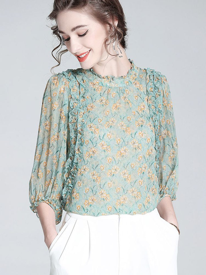 Light Green Floral Ruffle Mock Neck Lantern Sleeve Silk Blouse
