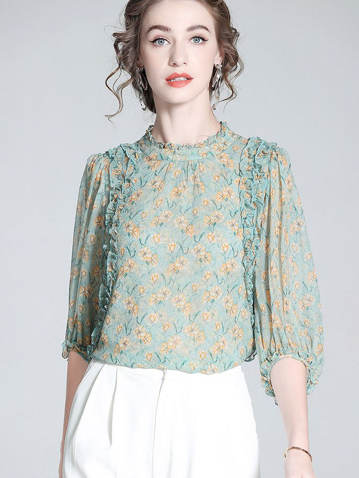 Light Green Floral Ruffle Mock Neck Lantern Sleeve Silk Blouse