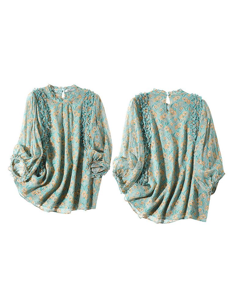 Light Green Floral Ruffle Mock Neck Lantern Sleeve Silk Blouse