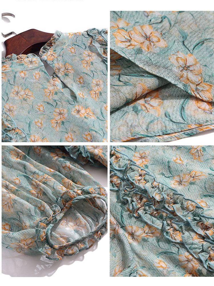 Light Green Floral Ruffle Mock Neck Lantern Sleeve Silk Blouse