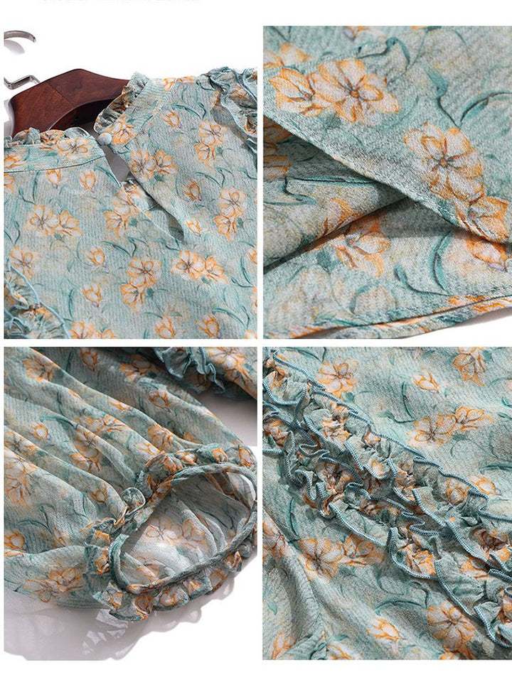 Light Green Floral Ruffle Mock Neck Lantern Sleeve Silk Blouse
