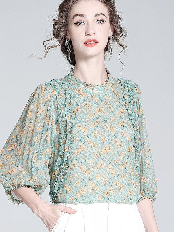 Light Green Floral Ruffle Mock Neck Lantern Sleeve Silk Blouse