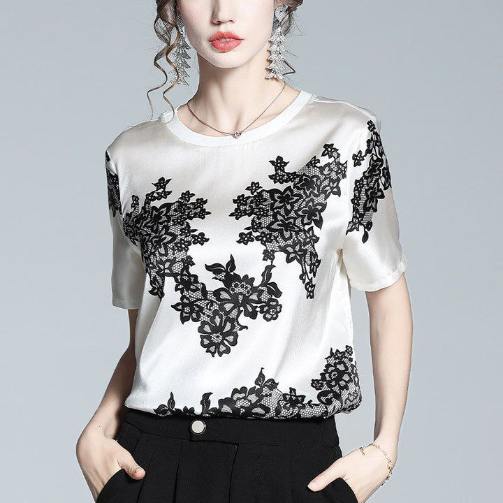 Women's Ivory Silk Short-Sleeve Shirt with Black Floral Lace Print