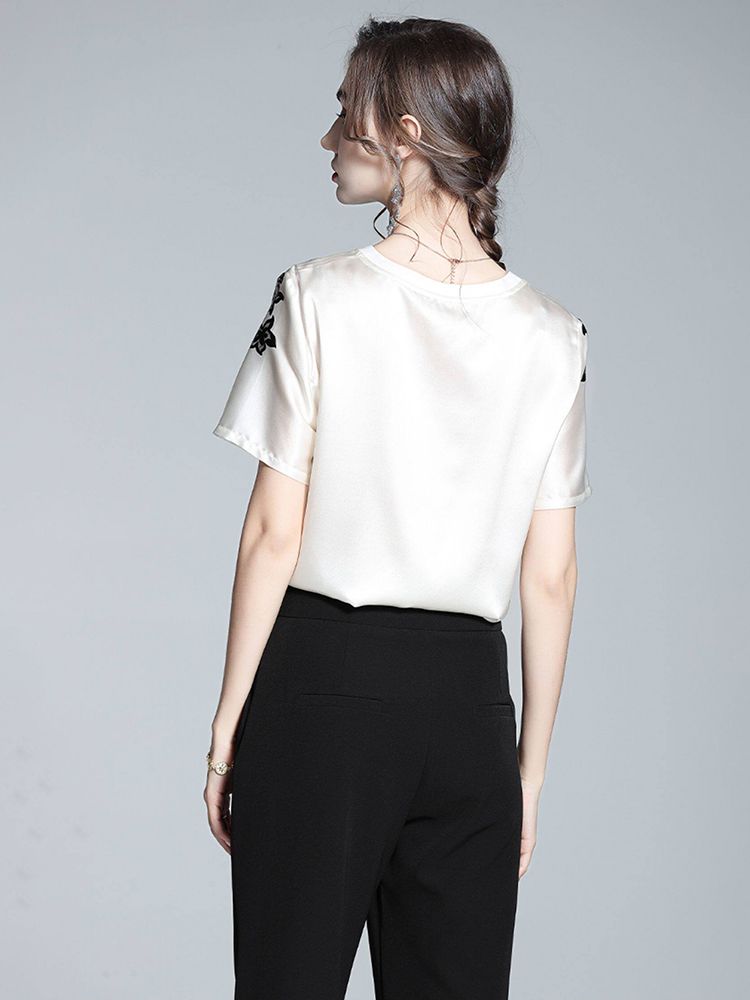 Women's Ivory Silk Short-Sleeve Shirt with Black Floral Lace Print