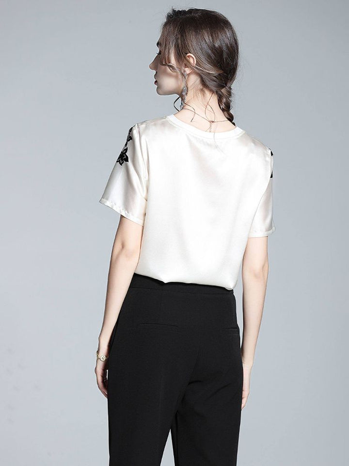 Women's Ivory Silk Short-Sleeve Shirt with Black Floral Lace Print