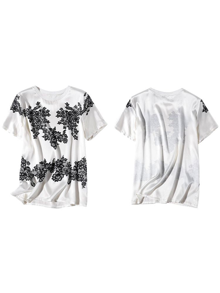 Women's Ivory Silk Short-Sleeve Shirt with Black Floral Lace Print