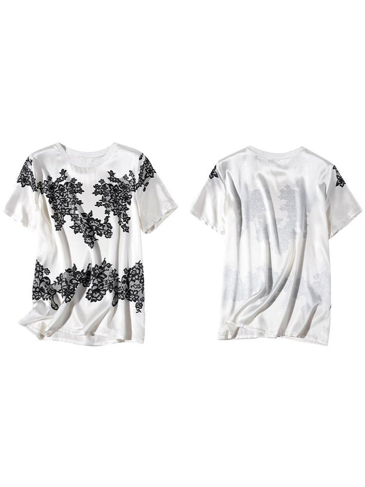 Women's Ivory Silk Short-Sleeve Shirt with Black Floral Lace Print
