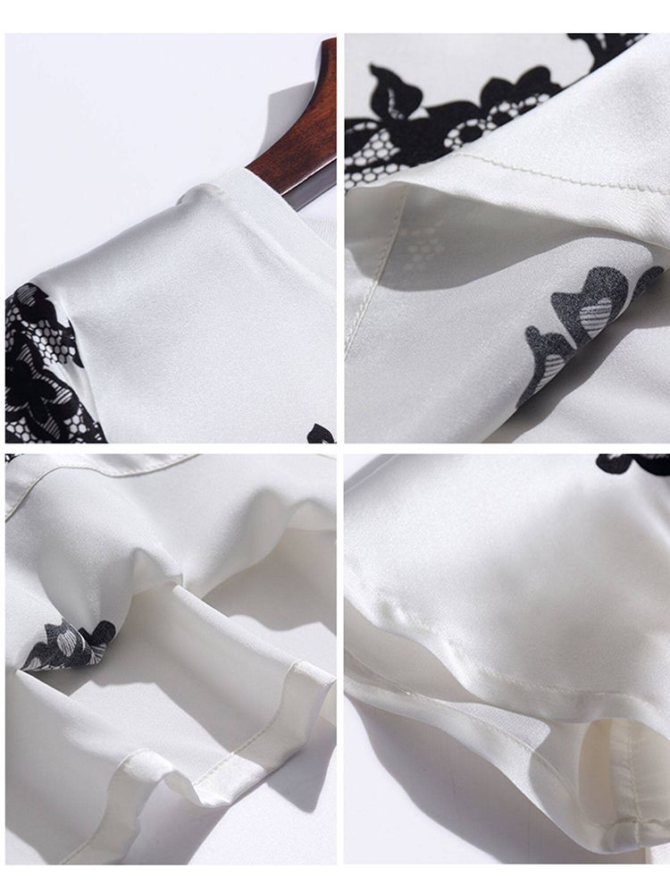 Women's Ivory Silk Short-Sleeve Shirt with Black Floral Lace Print