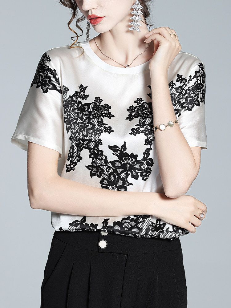 Women's Ivory Silk Short-Sleeve Shirt with Black Floral Lace Print