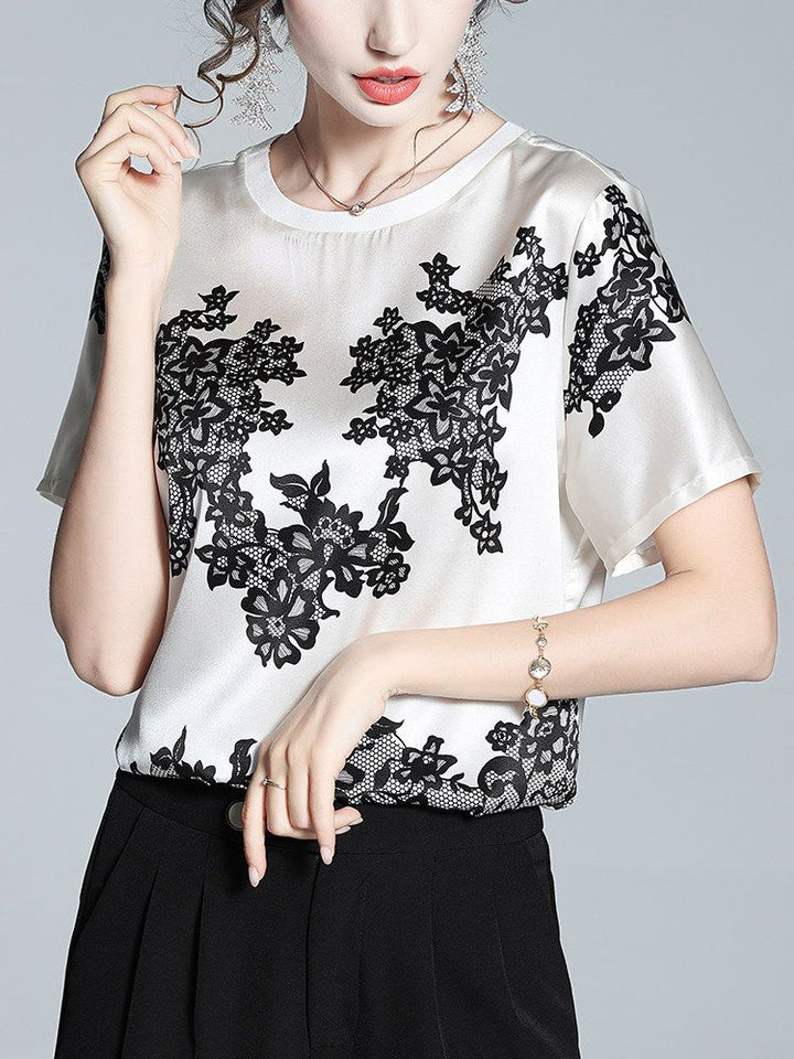 Women's Ivory Silk Short-Sleeve Shirt with Black Floral Lace Print