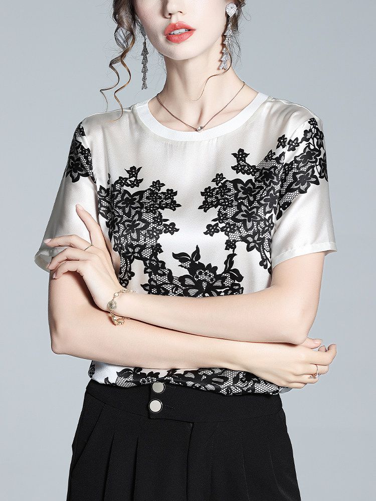 Women's Ivory Silk Short-Sleeve Shirt with Black Floral Lace Print