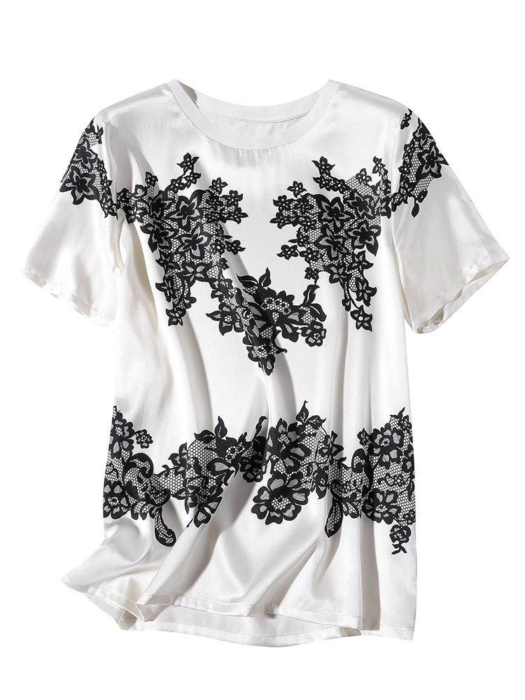 Women's Ivory Silk Short-Sleeve Shirt with Black Floral Lace Print