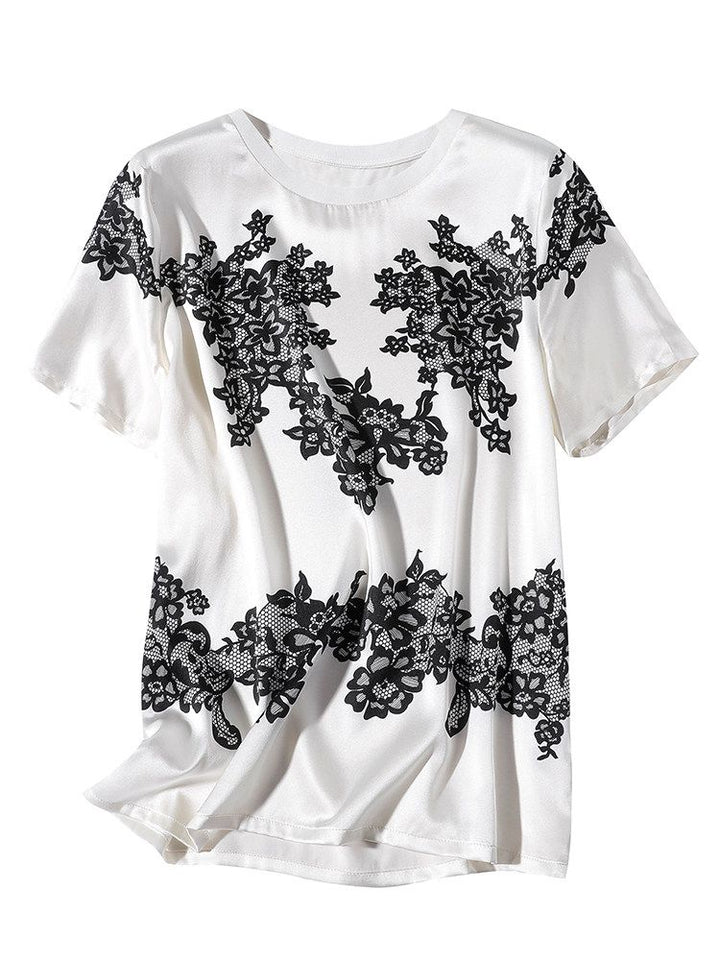 Women's Ivory Silk Short-Sleeve Shirt with Black Floral Lace Print