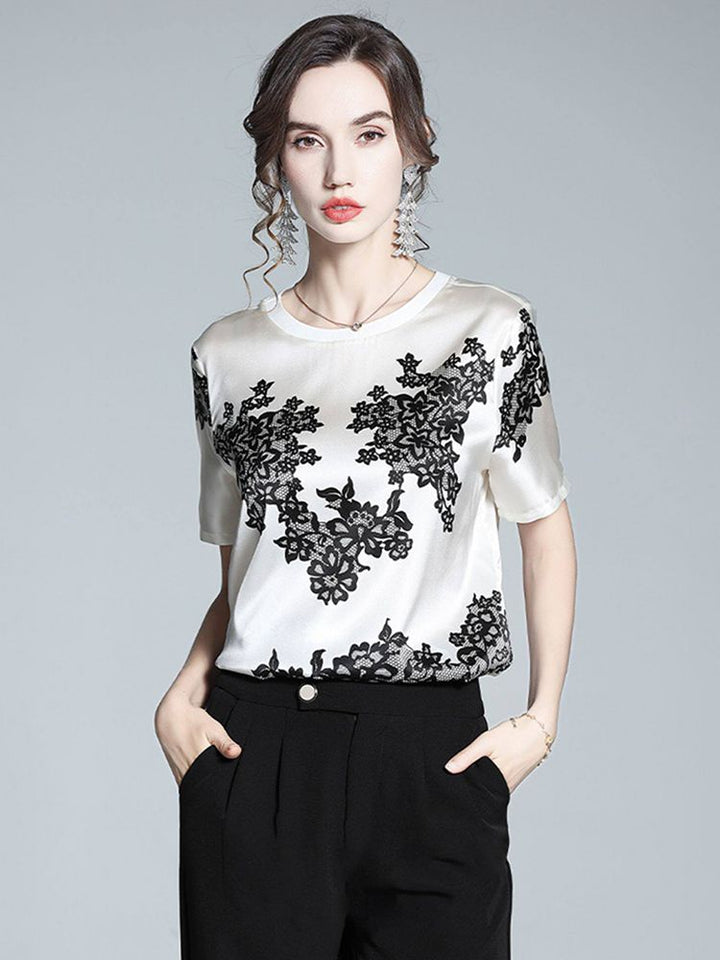 Women's Ivory Silk Short-Sleeve Shirt with Black Floral Lace Print