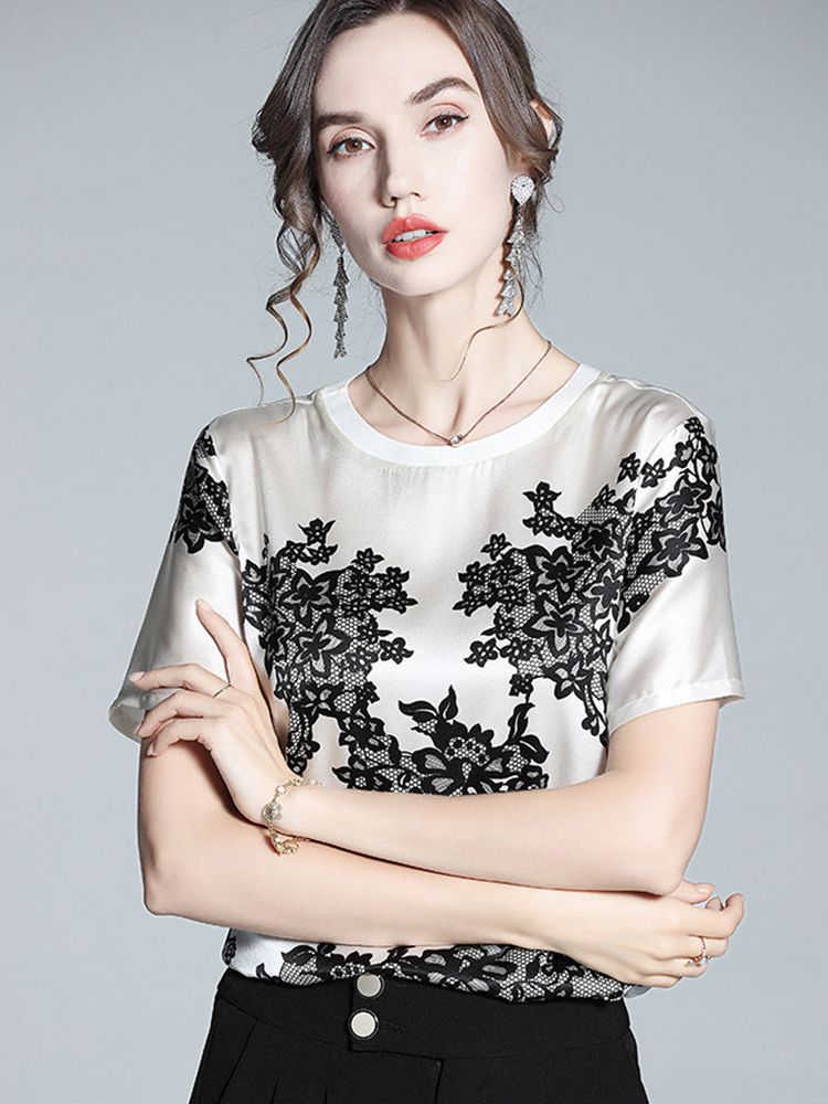 Women's Ivory Silk Short-Sleeve Shirt with Black Floral Lace Print