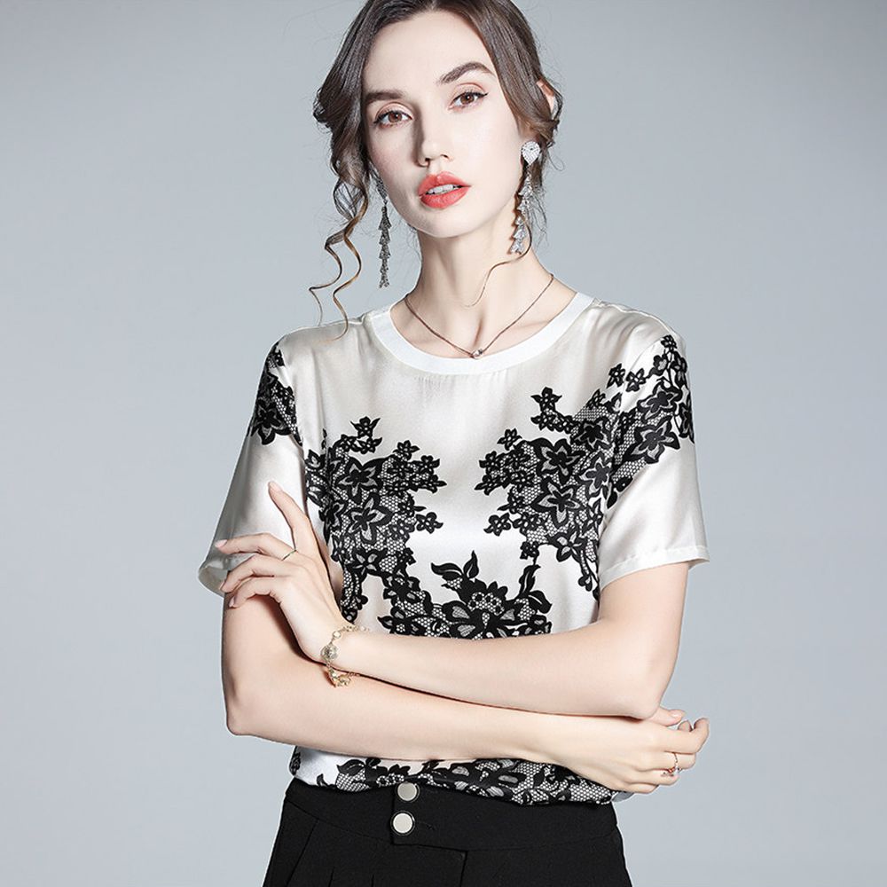 Women's Ivory Silk Short-Sleeve Shirt with Black Floral Lace Print