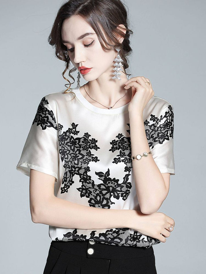 Women's Ivory Silk Short-Sleeve Shirt with Black Floral Lace Print