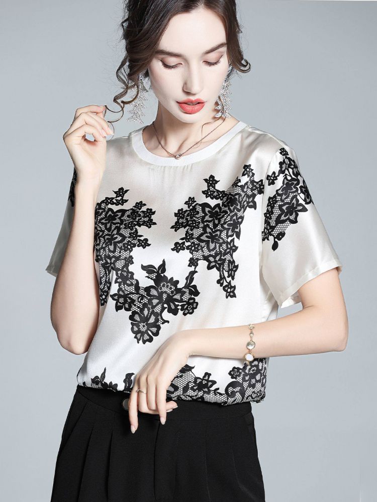 Women's Ivory Silk Short-Sleeve Shirt with Black Floral Lace Print