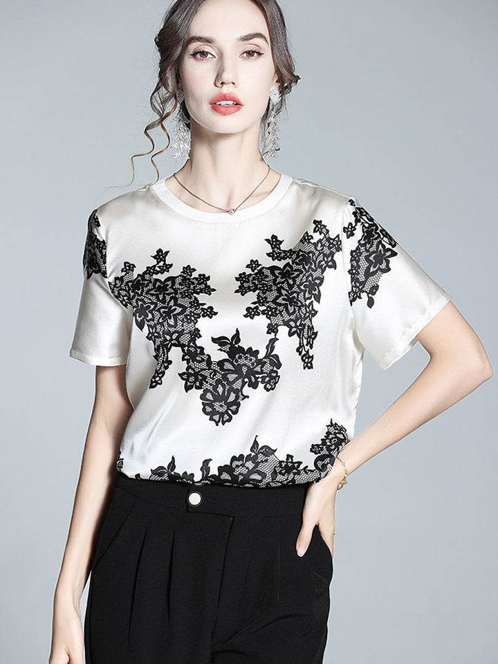 Women's Ivory Silk Short-Sleeve Shirt with Black Floral Lace Print
