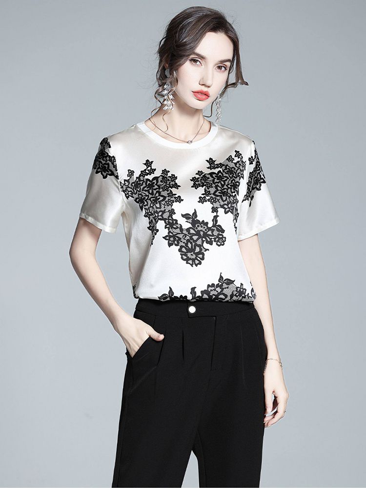 Women's Ivory Silk Short-Sleeve Shirt with Black Floral Lace Print