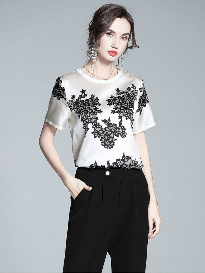 Women's Ivory Silk Short-Sleeve Shirt with Black Floral Lace Print