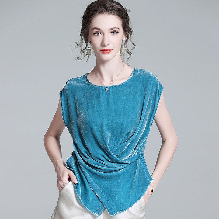 Peacock Blue Cap Sleeve Silk Velvet Wrap Shirt Sleeveless Silk Top
