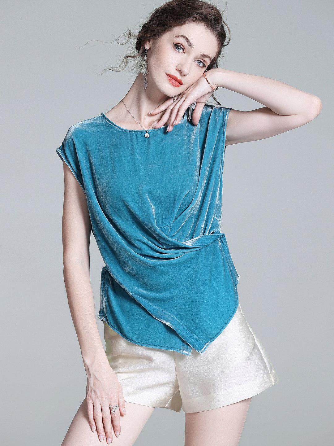 Peacock Blue Cap Sleeve Silk Velvet Wrap Shirt Sleeveless Silk Top