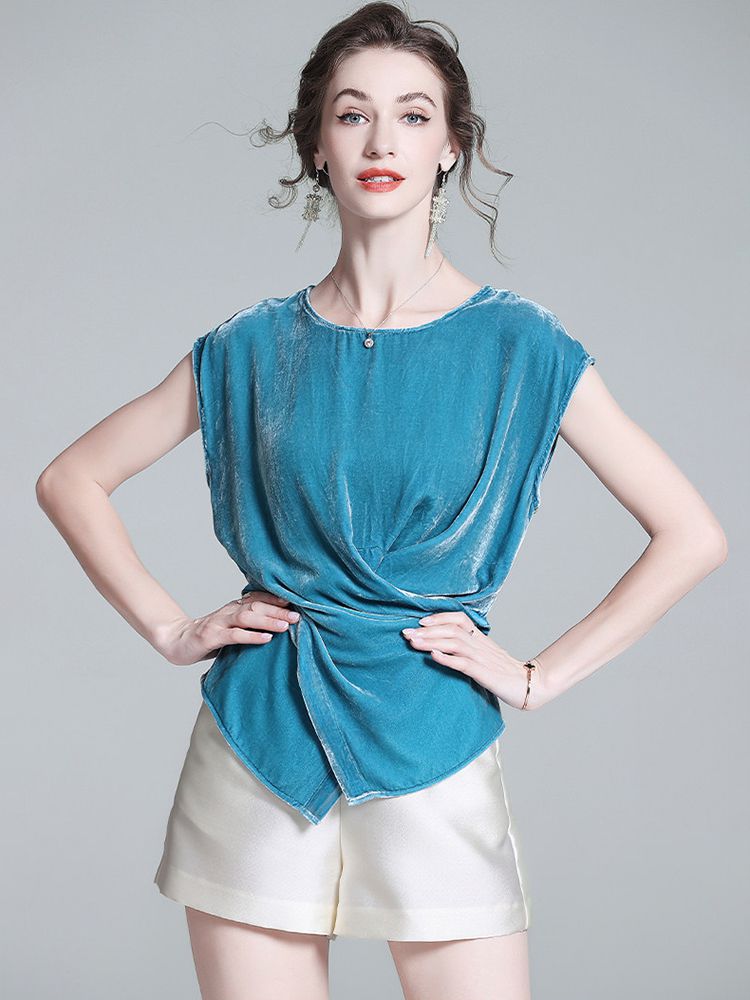 Peacock Blue Cap Sleeve Silk Velvet Wrap Shirt Sleeveless Silk Top