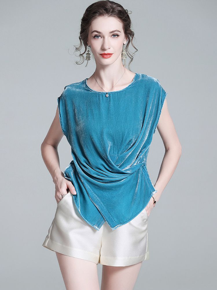 Peacock Blue Cap Sleeve Silk Velvet Wrap Shirt Sleeveless Silk Top